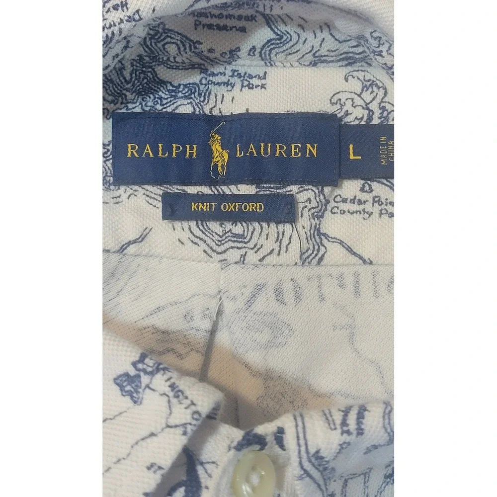 Ralph Lauren Mens Knit Oxford Polo Shirt Large Montauk Long Island Map Print